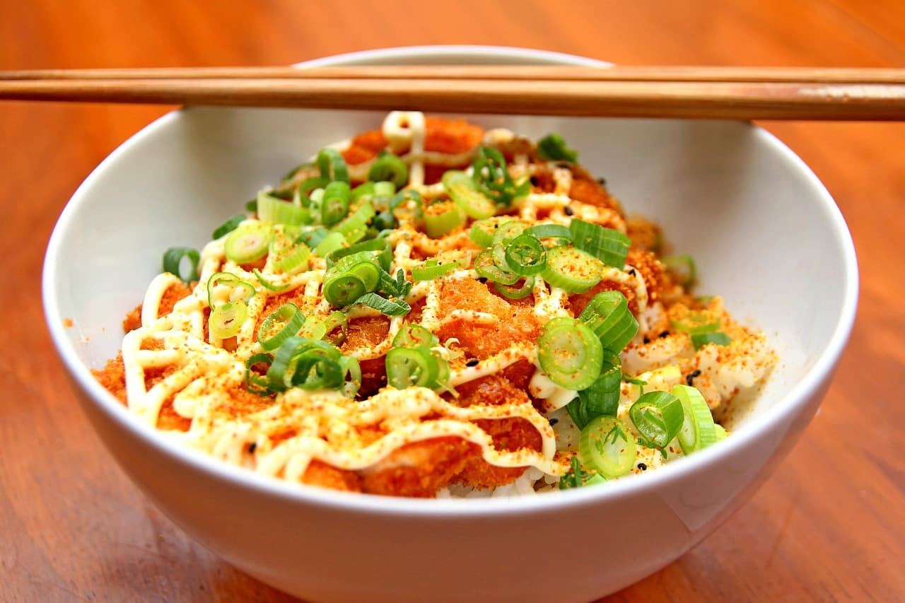 Asian lunch bowl with crispy topping and spring onion for office catering.