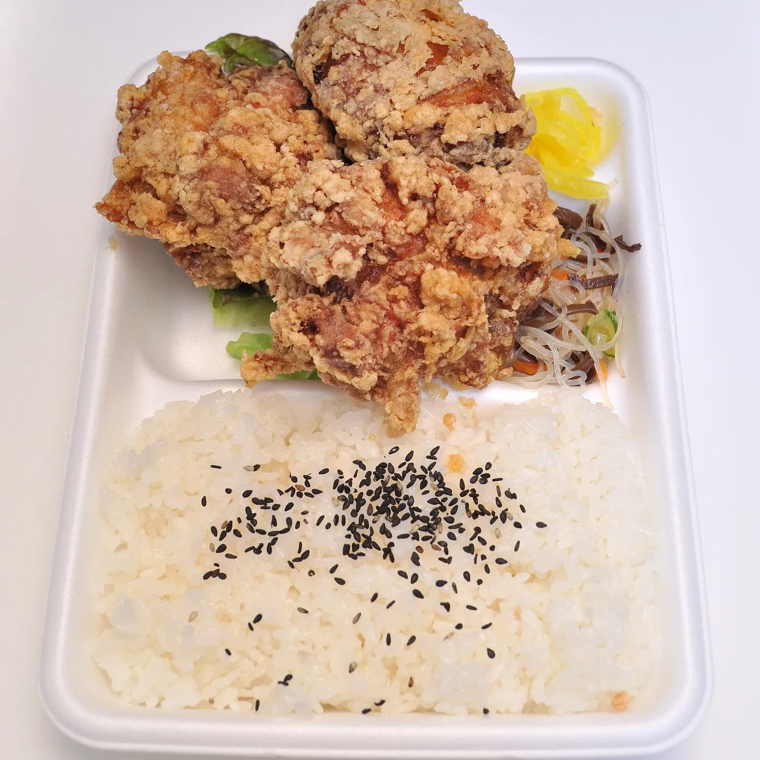 Japanese bento reference photo with rice, sides and neatly separated portions.
