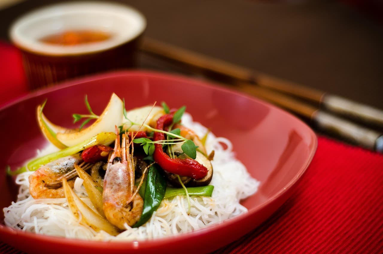 Noodles with prawns, herbs and chilli for a Melbourne Asian feast.